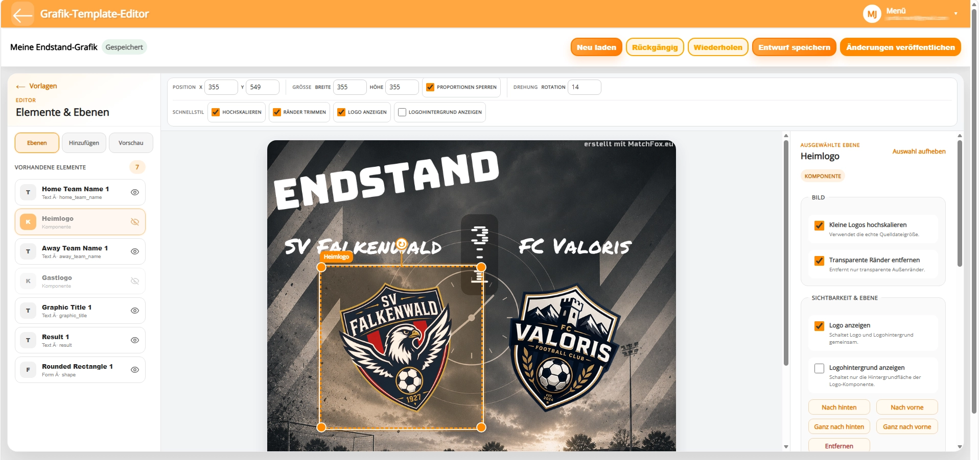 MatchFox Template-Editor mit Ebenenliste, Grafikvorschau und Elementeinstellungen